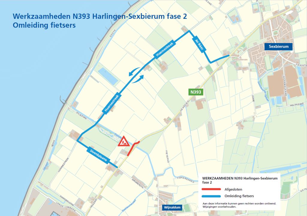 Kaart mei omleidingsrûte foar fytsers ifm wurksemheden N393