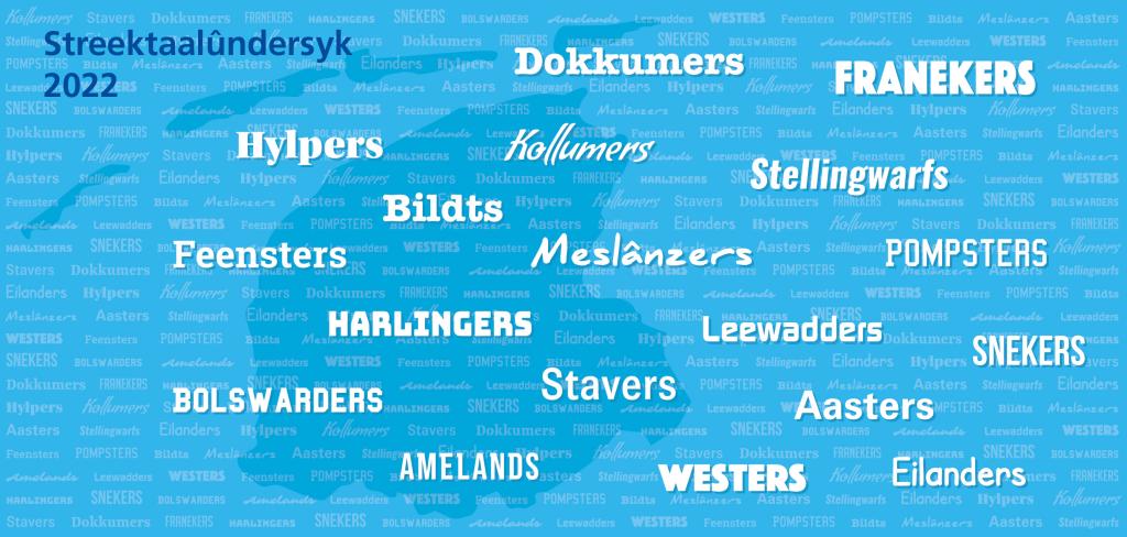 Kaart van Fryslân met woorden in Friese streektalen