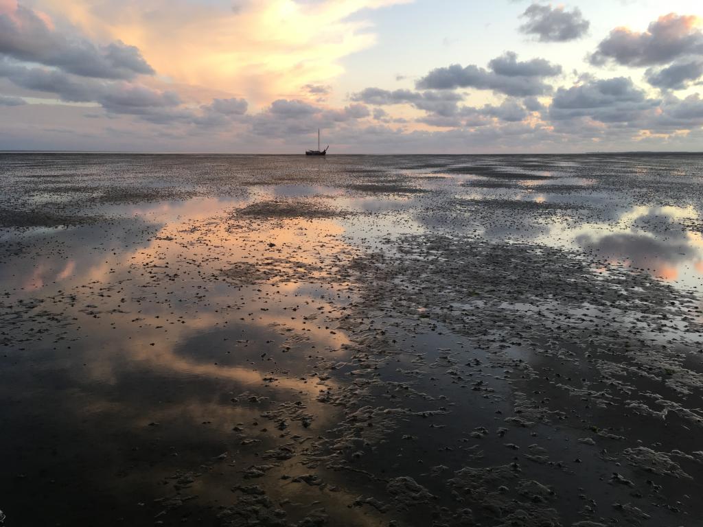 Een iets ondergelopen zandbank met grillige wolken en oranje kleuren met op de horizon een schip