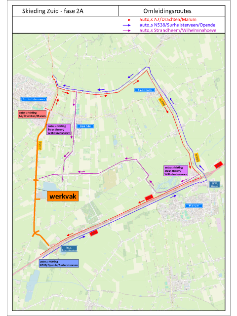 Op dit kaartje worden de omleidingsroutes aangegeven.