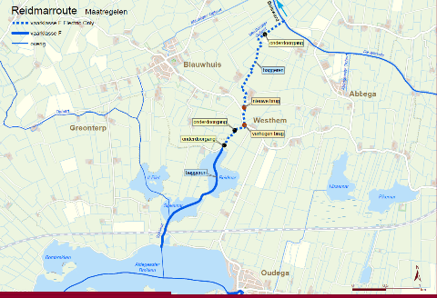 Een electrische routekaart van de Reidmarroute, onder de kaart staat aangegeven wat er op de kaart staat