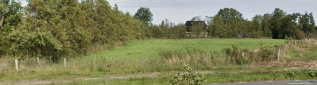Zijaanzicht van het perceel (stuk weiland met bomen aan de zijkant en achterkant)