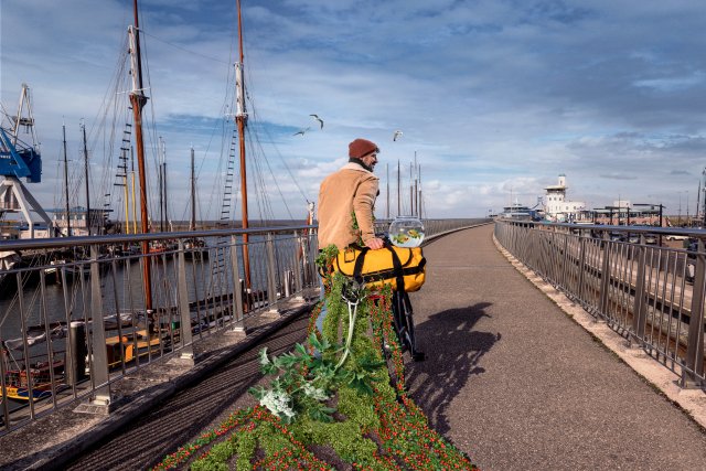 Een man met fiets en reistas sleept een heel net met waterplanten achter zich aan.