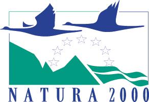 Logo van natura 2000. Groene heuvels met daarboven blauwe vliegende zwanen en witte sterren. Daaronder staat in blauwe letters Natura 2000