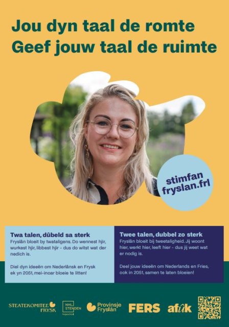 Een poster van Stim foar Fryslân waar oa op staat: Jou dyn taal de romte / Geef jouw taal de ruimte.