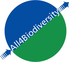 een logo dat bestaat uit een tweekleurig rondje, blauw en groen en daar dwars doorheen staat All4Biodiversity