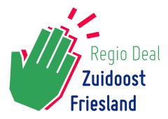 Logo waar Regio Deal Zuidoost Friesland op staat en een groene en een rode hand die klappen