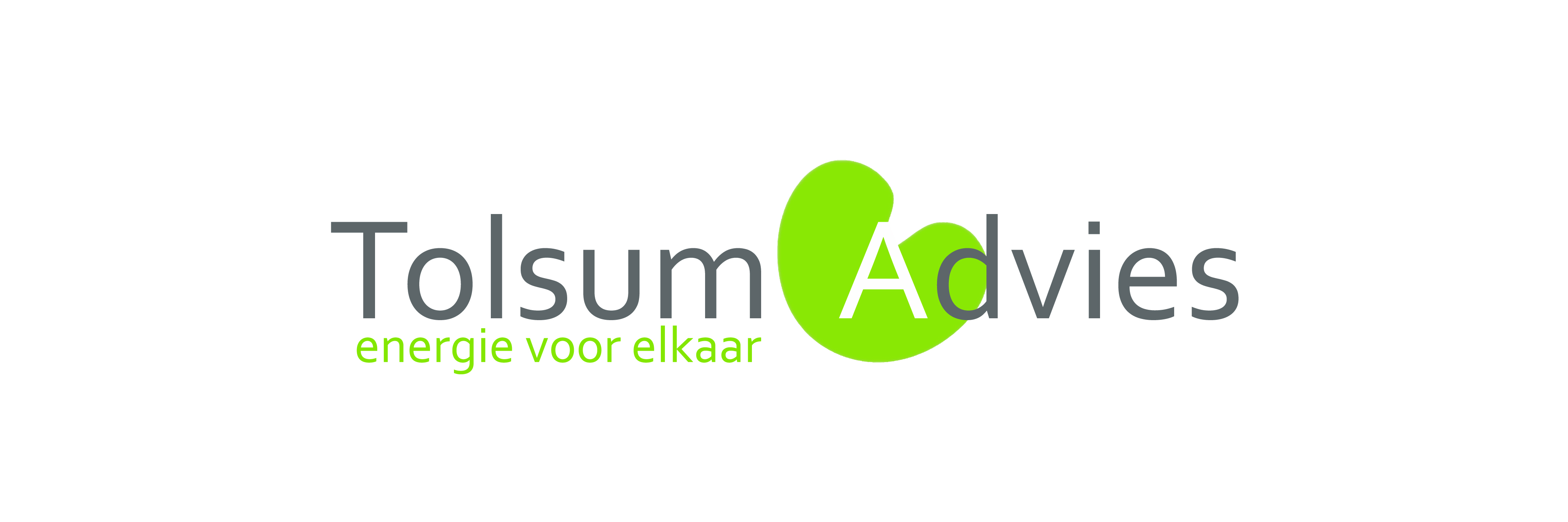 Logo van Tolsum Advies. Er staat een groen pompeblêd onder de A van Advies en onder de naam staat in het groen, energie voor elkaar