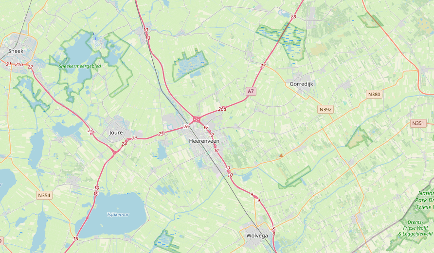 Bovenaanzicht van de verschillende N wegen rondom Heerenveen.