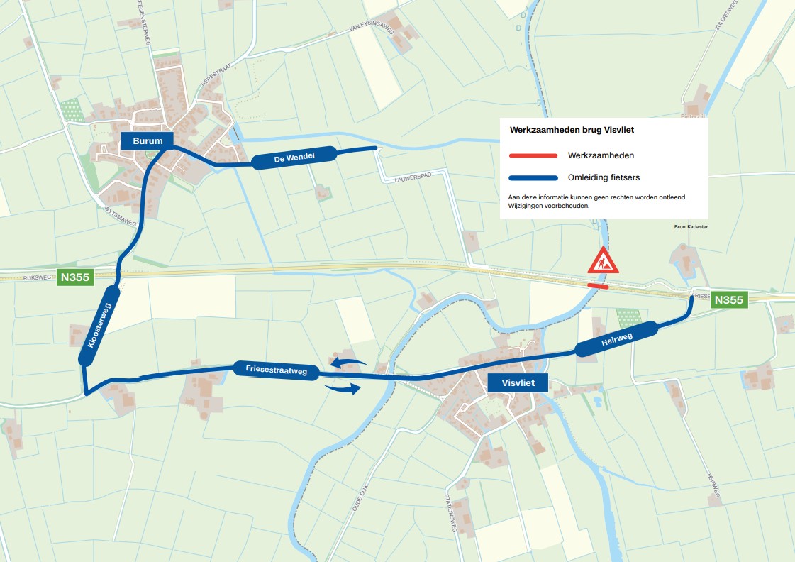 Overzichtskaartje van de stremming en de omleiding. De lijn met de pijlen geeft de omleiding aan.