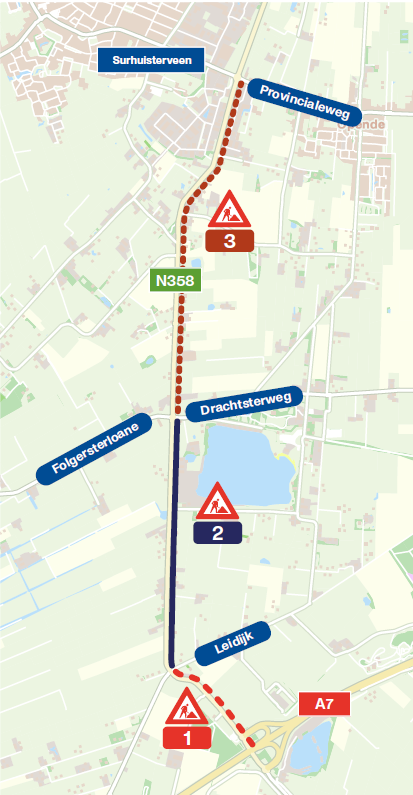 Overzichtskaart waar de drie fases in uitgelicht zijn.