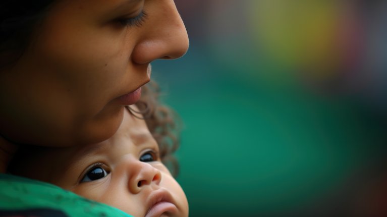 Stock photo of a mother holding a child close to her