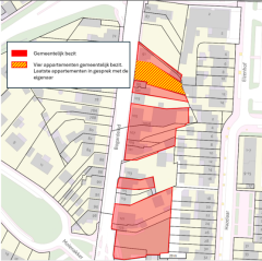 Street view from above, with red areas indicating municipal property