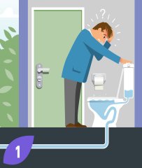 Man bij zijn wc pot die verstopt is geraakt.