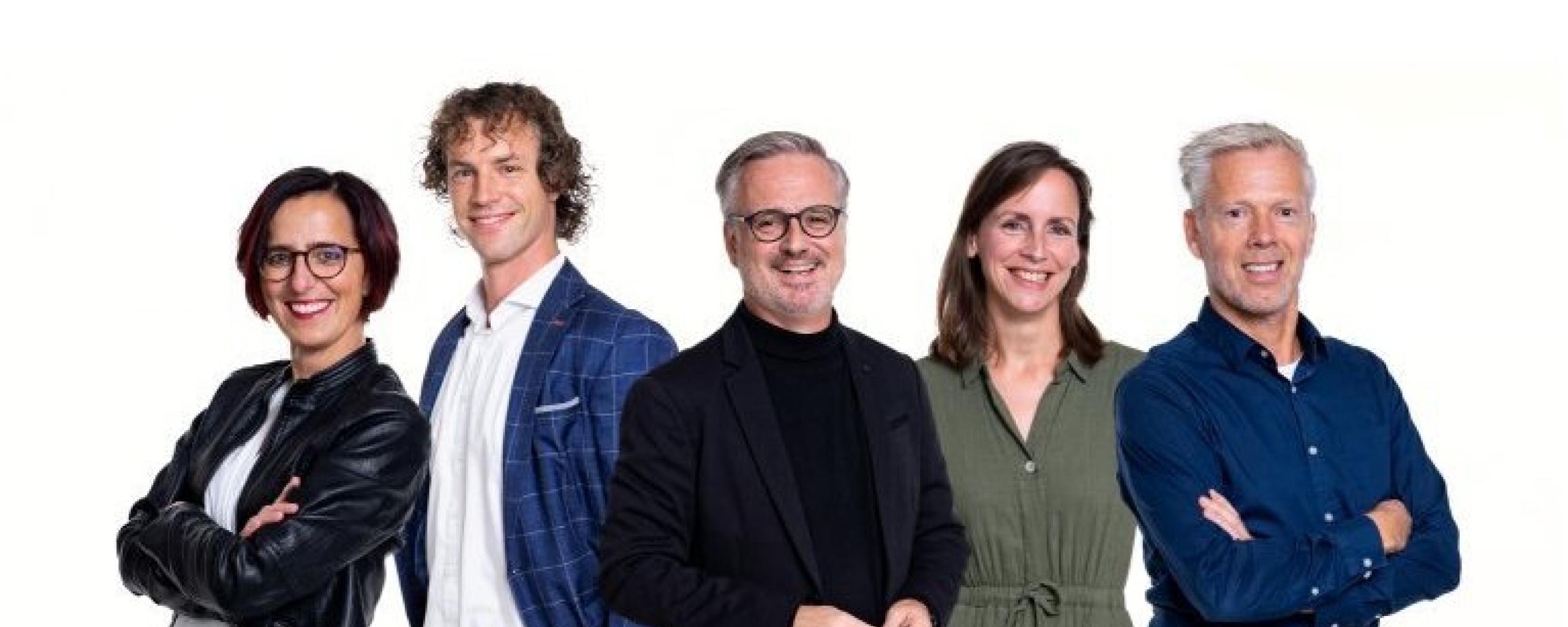 V.l.n.r.  Cindy Buijs, Joël Eichler, Conrad van Nimwegen, Moniek Bakelaar en Kees Slui.