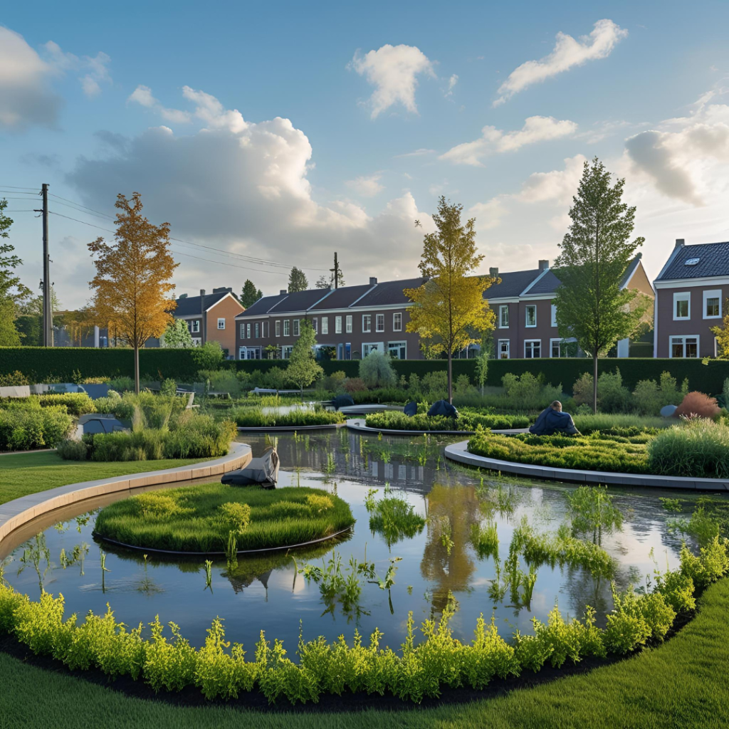 Wijk met huizen en vergroening