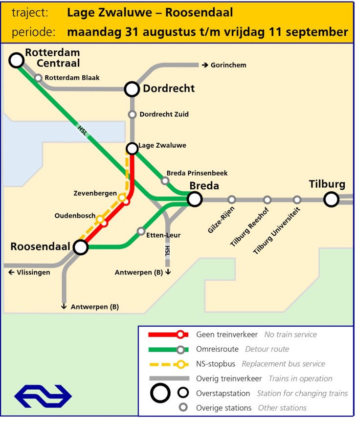 Kaartje NS met de werkzaamheden in de periode 31 augustus t/m 11 september
