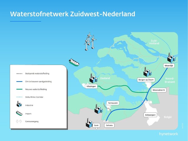 Op de kaart is een nieuw aan te leggen leiding getekend tussen Vlissingen en Woensdrecht. Van Zelzate, naar Antwerpen, Woensdrecht en Moerdijk ligt een om te bouwen aardgasleiding