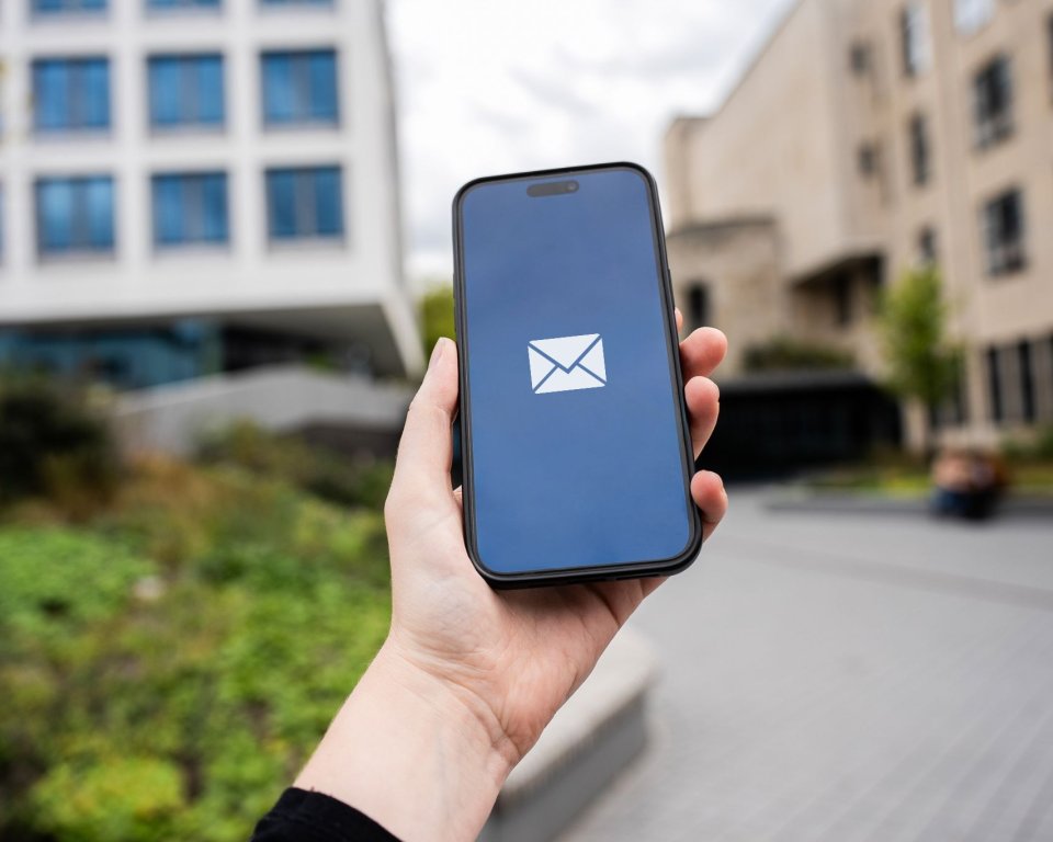 A smartphone with an email icon on the screen, held up in front of a building.