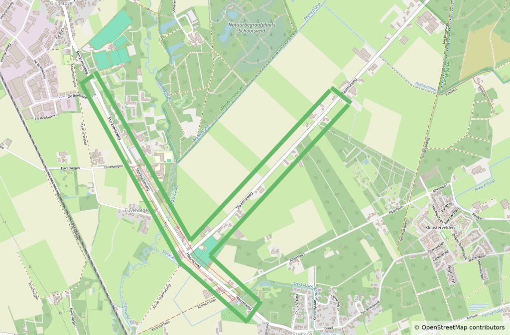 Kaart van het afgesloten wegdeel tussen Heeze en Sterksel. De Heezerweg, Vlaamseweg en een deel van de Sterkselseweg zijn gemarkeerd als afgesloten.