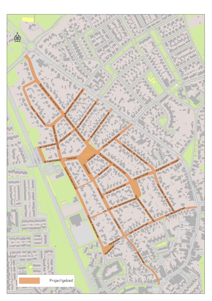 Kaart van een woonwijk met het projectgebied in oranje gemarkeerd.