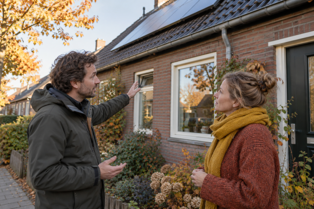Een man en een vrouw overleggen voor een woning