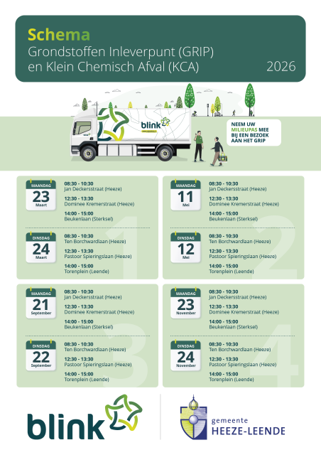 Poster met het schema voor het Grondstoffen Inleverpunt (GRIP) en Klein Chemisch Afval in 2026 voor Heeze‑Leende, met data en tijden per locatie en een afbeelding van een Blink‑inzamelwagen.