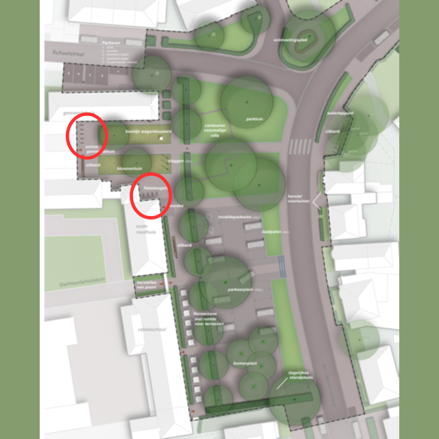 plattegrond met aanduiding van de fietsparkeerplaatsen