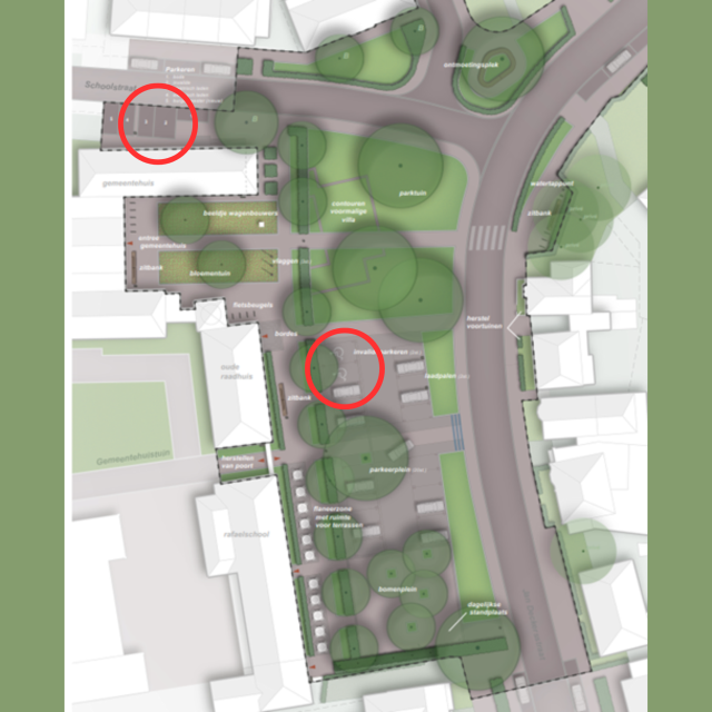 plattegrond met aanduiding van mindervalide parkeerplaasten