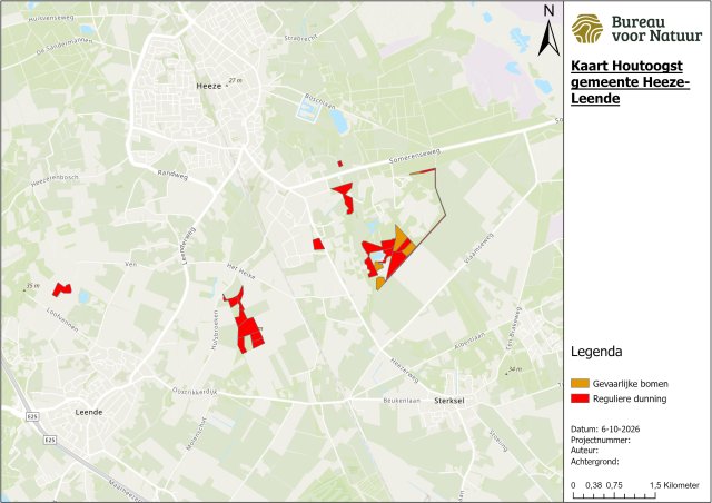 Overzichtskaart van de houtoogst in de gemeente Heeze-Leende. De kaart toont verschillende bospercelen waar werkzaamheden plaatsvinden. Rode vlakken geven locaties van reguliere dunning weer en oranje vlakken locaties waar gevaarlijke bomen worden verwijderd. De werkzaamheden liggen voornamelijk ten zuidoosten van Heeze en rond de gebieden richting Sterksel en Leende.