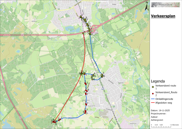 Kaartje van het verkeersplan tijdens de kap- en snoeiwerkzaamheden lang het Bels Lijntje