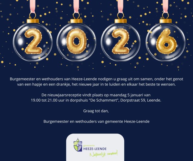 Uitnodiging voor de nieuwjaarsreceptie 2026 van de gemeente Heeze-Leende. Bovenaan hangen vier kerstballen met de cijfers 2-0-2-6 in goud. Daaronder staat de tekst met de uitnodiging voor de nieuwjaarsreceptie op maandag 5 januari van 19.00 tot 21.00 uur in dorpshuis De Schammert in Leende. Onderaan staat het logo van de gemeente Heeze-Leende met de slogan ‘Natuurlijk samen!’.