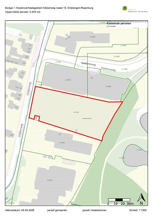 Tekening kostenverhaalsgebied plan tijdelijke winkel aan de Odijkerweg naast 19 in Driebergen