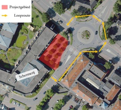 Looproute tijdens opknappen plein aan de schapenrotonde met de Jeu de boulesbaan Leersum