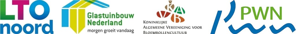 Logos of LTO Noord, Glastuinbouw Nederland, KAVB, and PWN