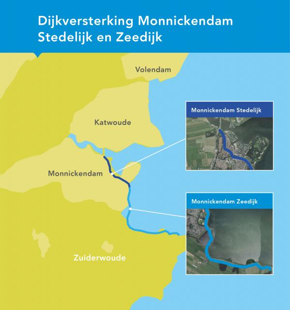 Kaartje met daarop aangegeven de locatie van de dijkversterking Monnickendam Stedelijk en Zeedijk