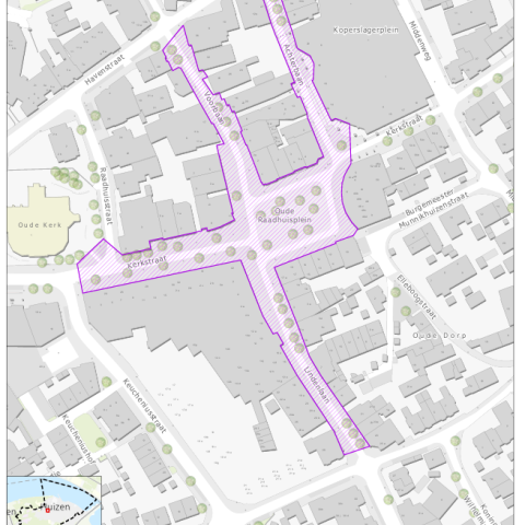 Kaart van Huizen waarin met een opvallende paarse kleur wordt aangegeven welke straten vallen binnen het gebied Centrum Oude Dorp (het Oude Raadhuisplein, inclusief Voorbaan, Achterbaan, Kerkstraat en Lindenlaan)