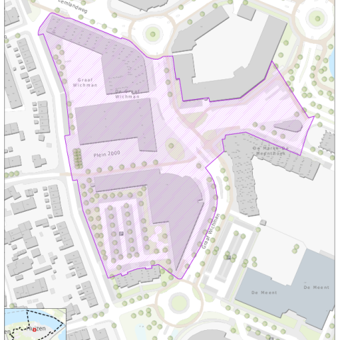 Kaart van Huizen waarin met een opvallende paarse kleur wordt aangegeven welke straten vallen binnen het gebied Plein 2000 (Plein 2000, inclusief Graaf Wichman en het busstation).