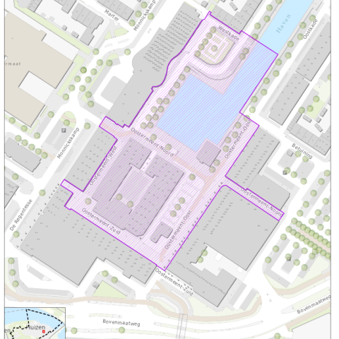Kaart van Huizen waarin met een opvallende paarse kleur wordt aangegeven welke straten vallen binnen het gebied Winkelcentrum Oostermeent, inclusief garages.