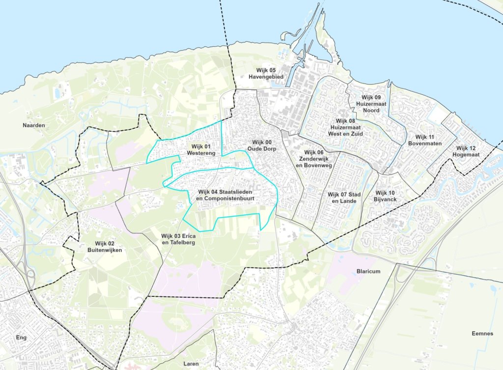 Kaart van Huizen met een wijkindeling. De 2 wijken 'Westereng' en 'Staatslieden en Componistenbuurt' zijn uitgelicht met een afwijkende groene lijn.
