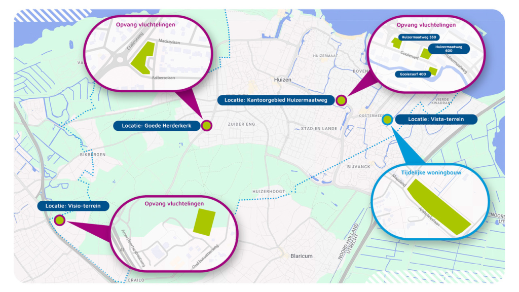 Kaart met drie kansrijke locaties voor opvang van vluchtelingen: De Goede Herderkerk (Piersonlaan 2), Kantoorgebied Huizermaatweg (Gooierserf 400, Huizermaatweg 550 en Huizermaatweg 600) en de Visio-locatie (Amersfoortsestraatweg 180)