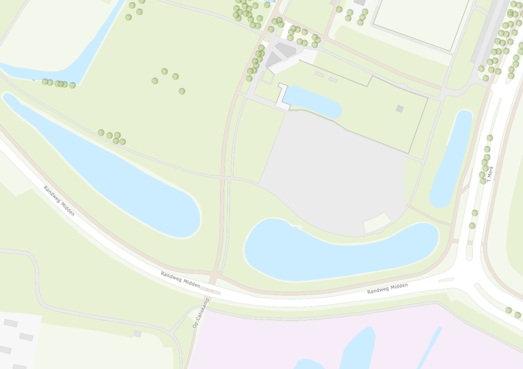 De kaart toont de vijver in het Stadspark in Huizen nabij de Randweg Midden