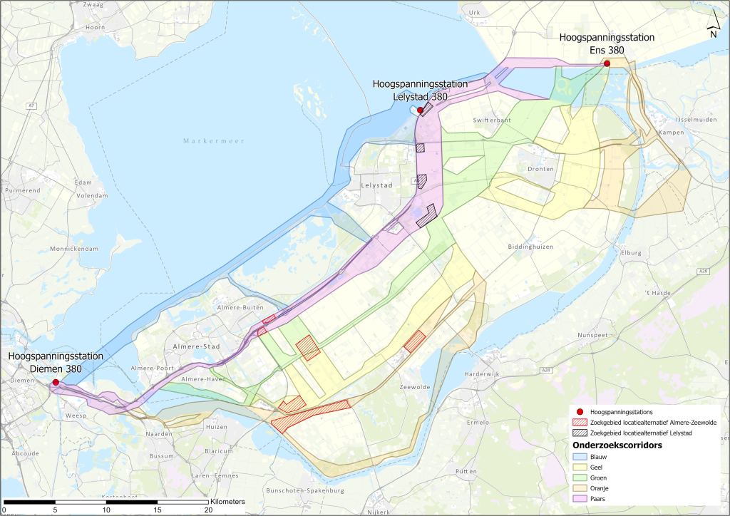 Kaart met corridors onderzoeksalternatieven en zoekgebieden hoogspanningsstations