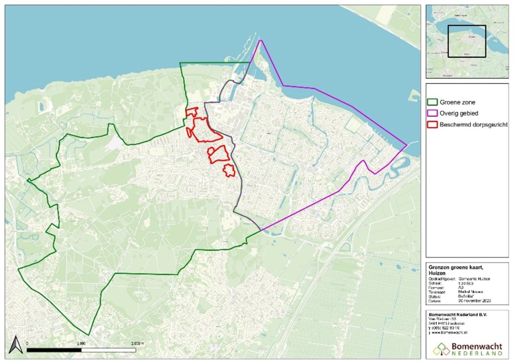 Kaart van gemeente Huizen dat 3 zones aangeeft: Groene zone, Overige zone/gebied en Beschermd dorpsgezicht.