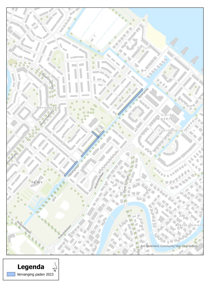 Geo-kaart van de wijk Bovenmaat, waarbij de wandelpaden aan de overzijde van de Bijvangweg blauw zijn gearceerd.