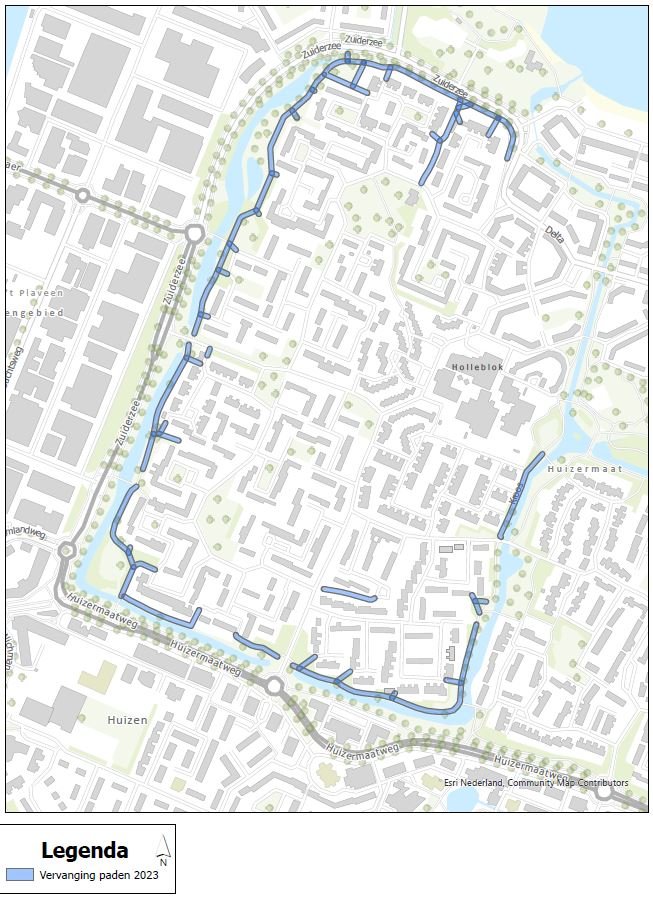 Geo-kaart van de wijk Huizermaat, waarbij verschillende wandelpaden langs het water blauw zijn gearceerd, aan de overzijde van de Huizermaatweg en de Zuiderzee.