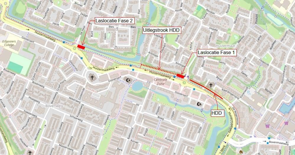 Deze afbeelding toont een kaart met de locatie van de gestuurde boring, aan de Regentesse (ter hoogte van de fietstunnel) tot net voor het kruispunt Huizermaatweg/Fauna. En de twee laslocaties; locatie 1: nabij kruispunt Huizermaatweg/Fauna, locatie 2: nabij kruispunt Huizermaatweg/De Haar.