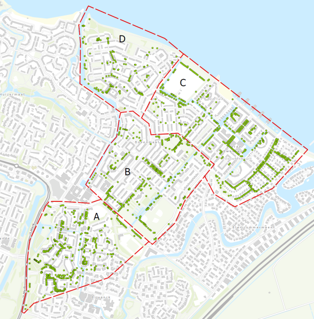 Op de afbeelding staat de verdeling naar wijken (A, B, C, en D) in Huizen waar in 2025 onderhoud aan bomen gebeurt.