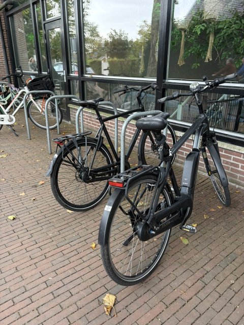 Voorbeeld van fietsnietje; een ijzeren gebogen paal in de vorm van een nietje dat uit de grond steekt en waar een fiets tegenaan kan staan.