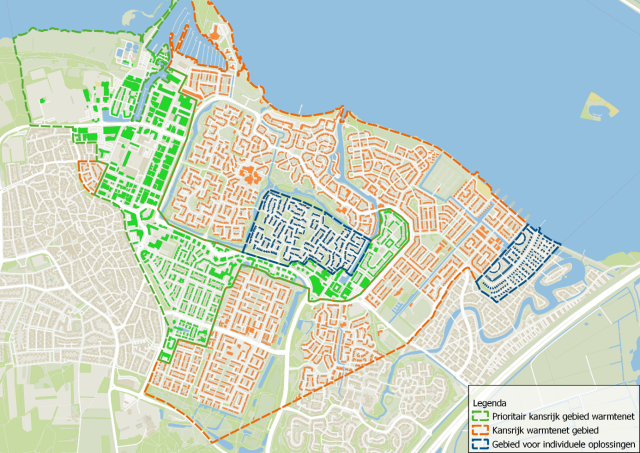 Kaart met gebieden die prioritair kansrijk, kansrijk of kansrijk voor individuele oplossingen zijn voor collectieve warmte